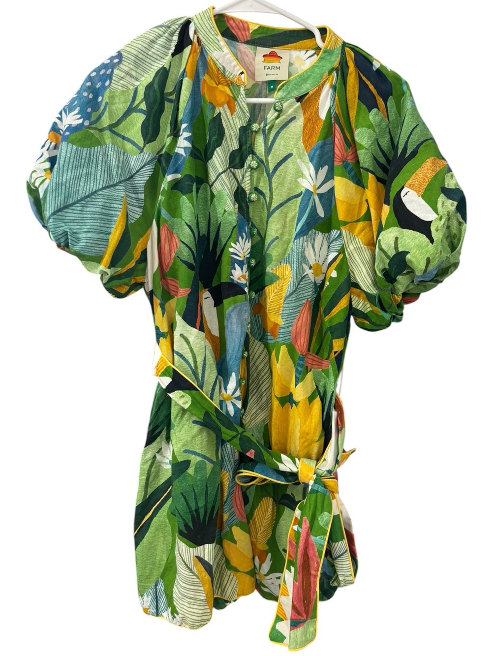 Farm Rio Women's Tropical Toucan Print Puff Sleeve Romper Linen Blend Size M